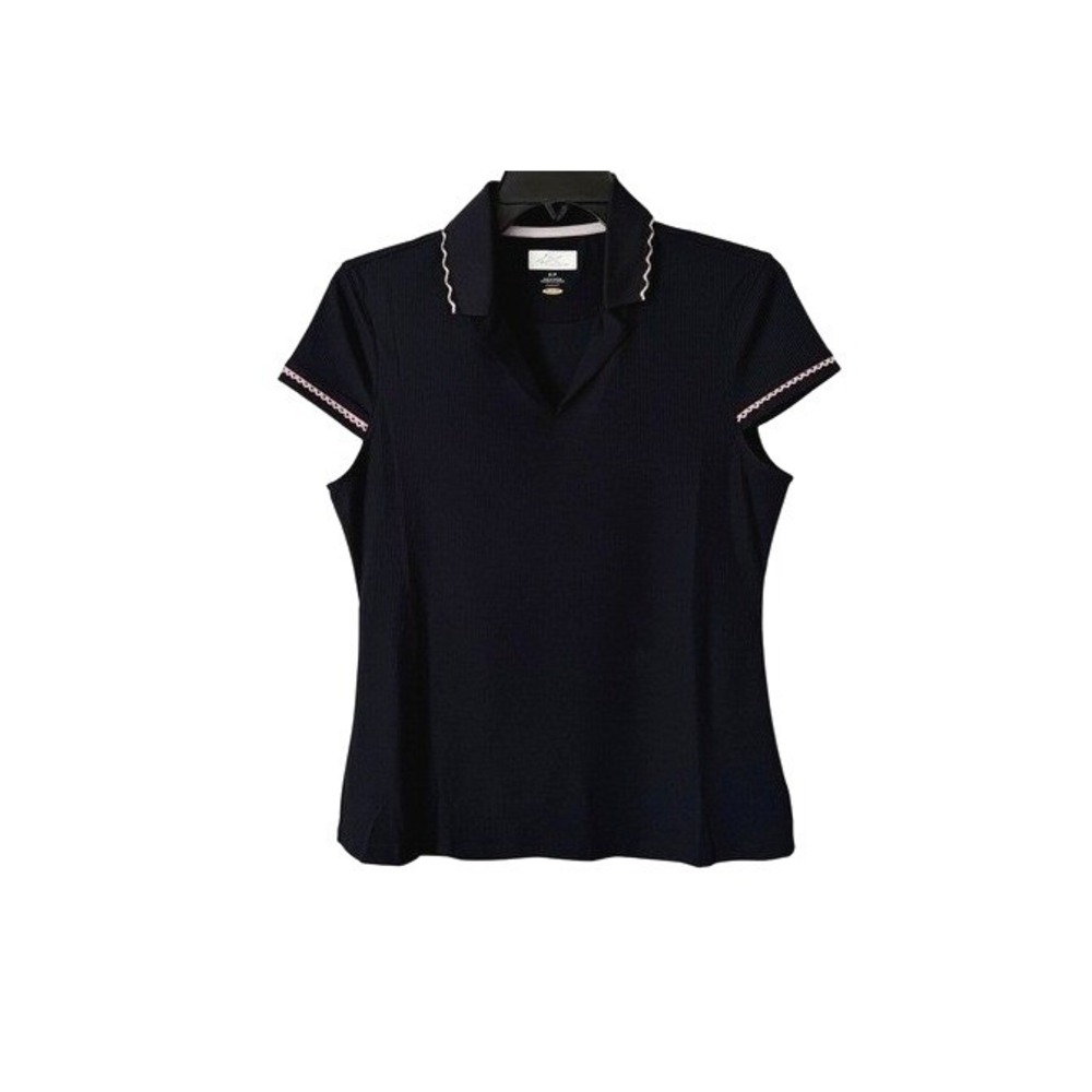 3/$20 💥 Greg Norman‎ Women's Play Dry Black Polo Shirt Cap Sleeve Pink Trim